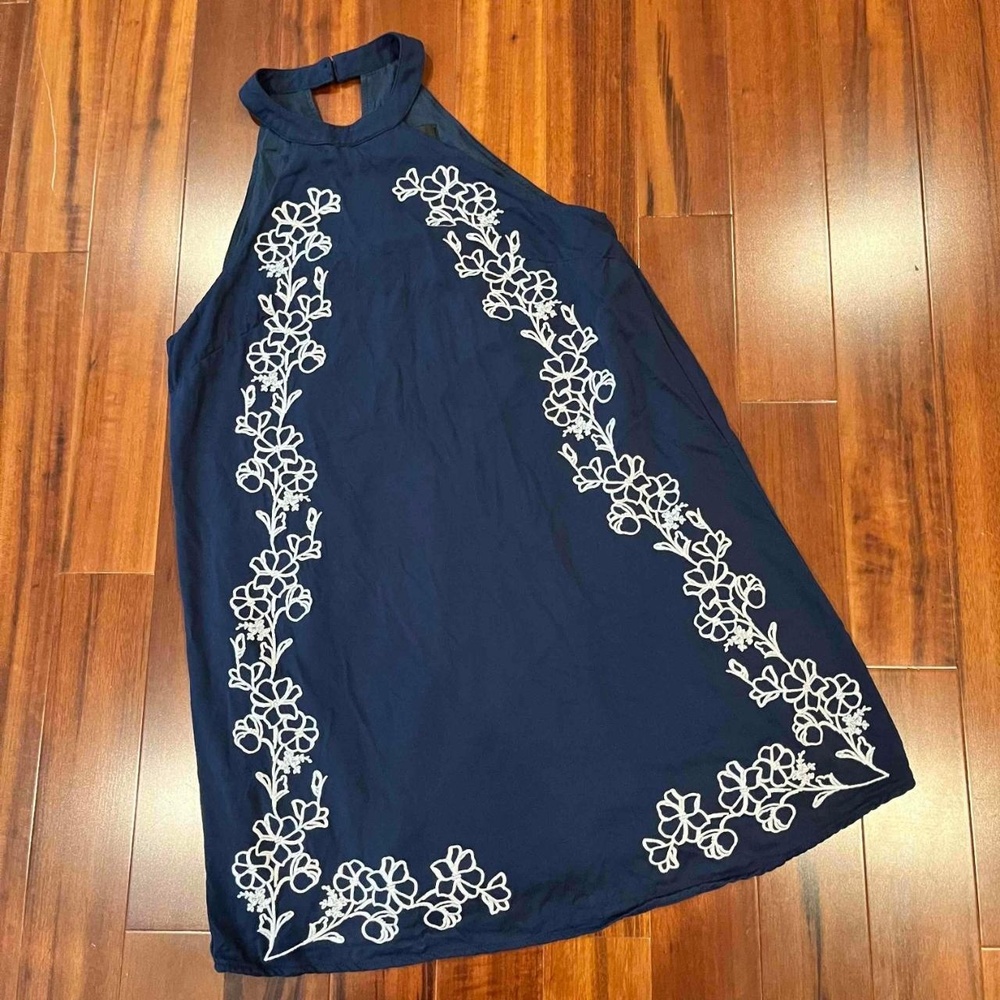 Lulu's Navy Blue Halter Dress Floral Embroidered A Line Sleeveless Size Medium